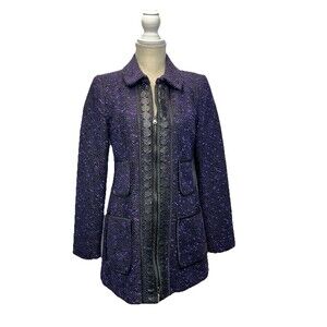 Nanette Lepore 4 Purple Pockets Wool Blend Tweed Jacket zip Classic USA Appliqué
